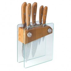 Ash wood Glass 5pc Knife Block Set Ash wood Glass 5pc Knife Block Set