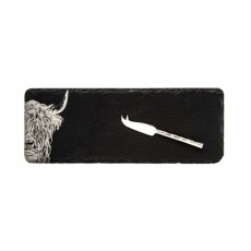 Single Mini Slate Cheese Board & Knife Set-Scenic Highland Cow Single Mini Slate Cheese Board & Knife Set-Scenic Highland Cow