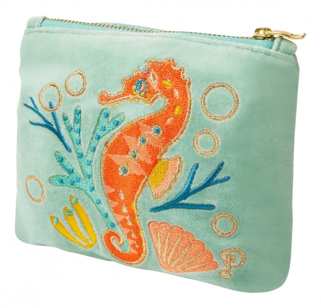 Powder Sparkling Seahorse Velvet Mini Pouch Aqua