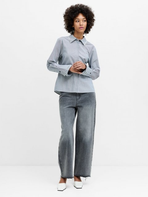 French Connection Striped Cambra Cotton Pearl Trim Shirt