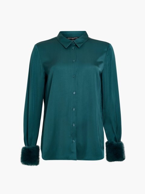 French Connection Hope Satin Faux Fur Trim Shirt